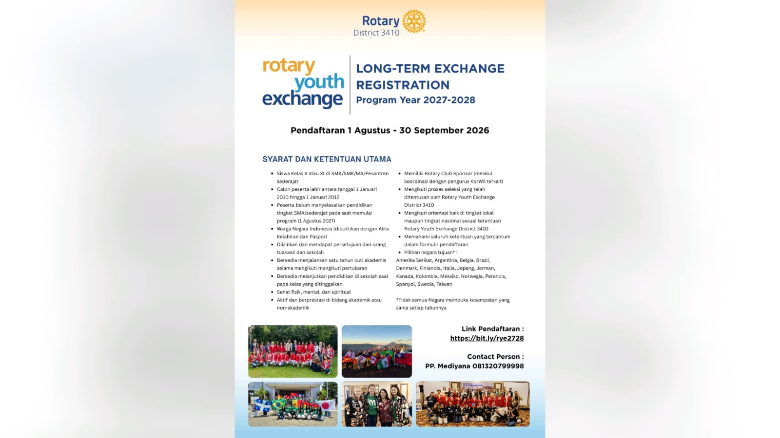 Rotary Youth Exchange District 3410 Buka Pendaftaran Program Pertukaran Pelajar 2027–2028